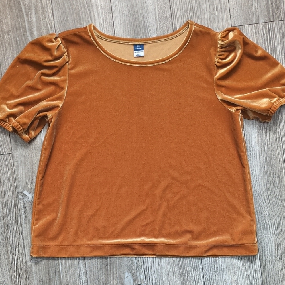 5/$25 Old Navy Girls Gold Yellow Velvet Puff Sleeve Tee 14-16